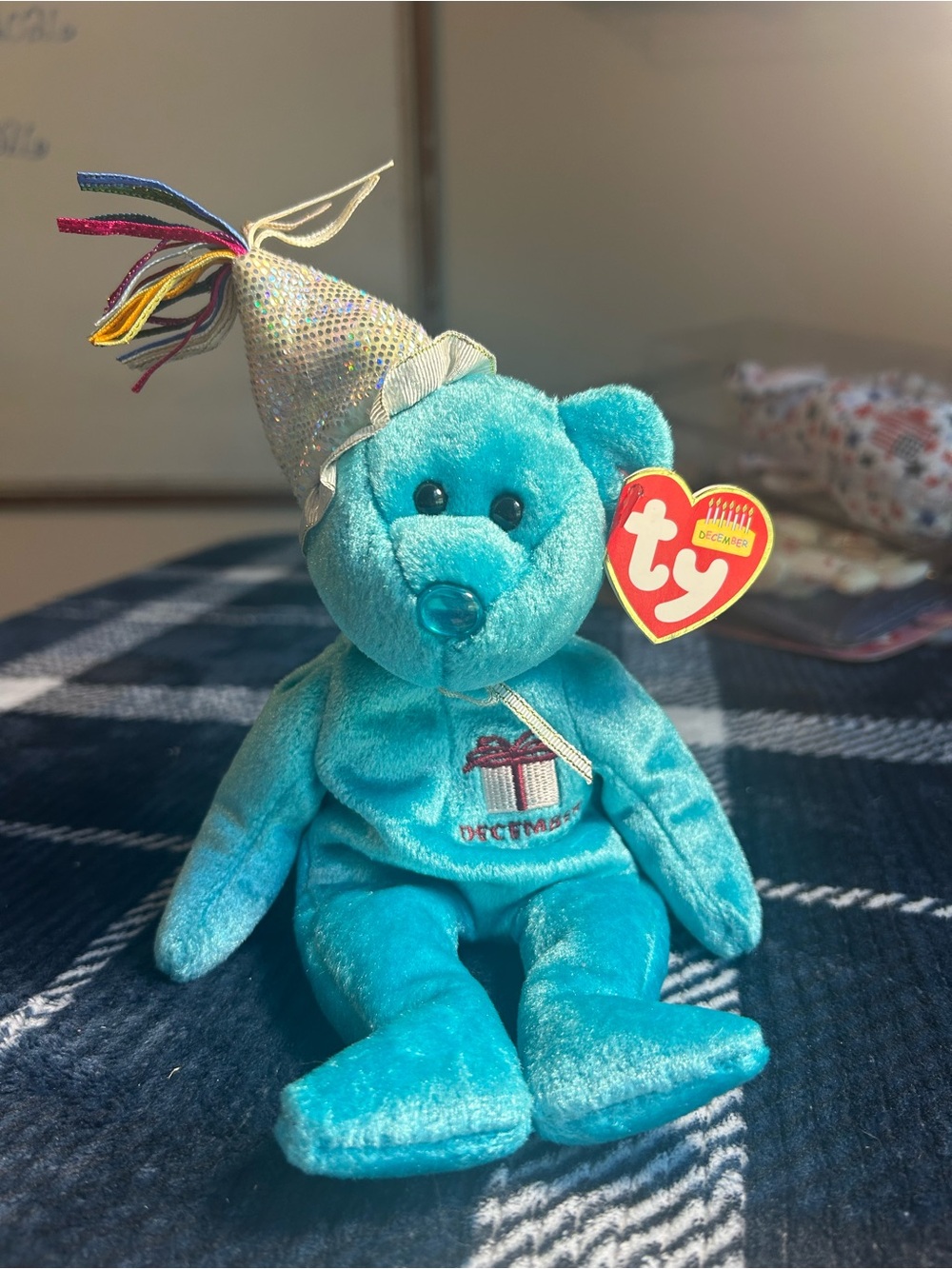 Ty Blue December Bear with Silver Party Hat